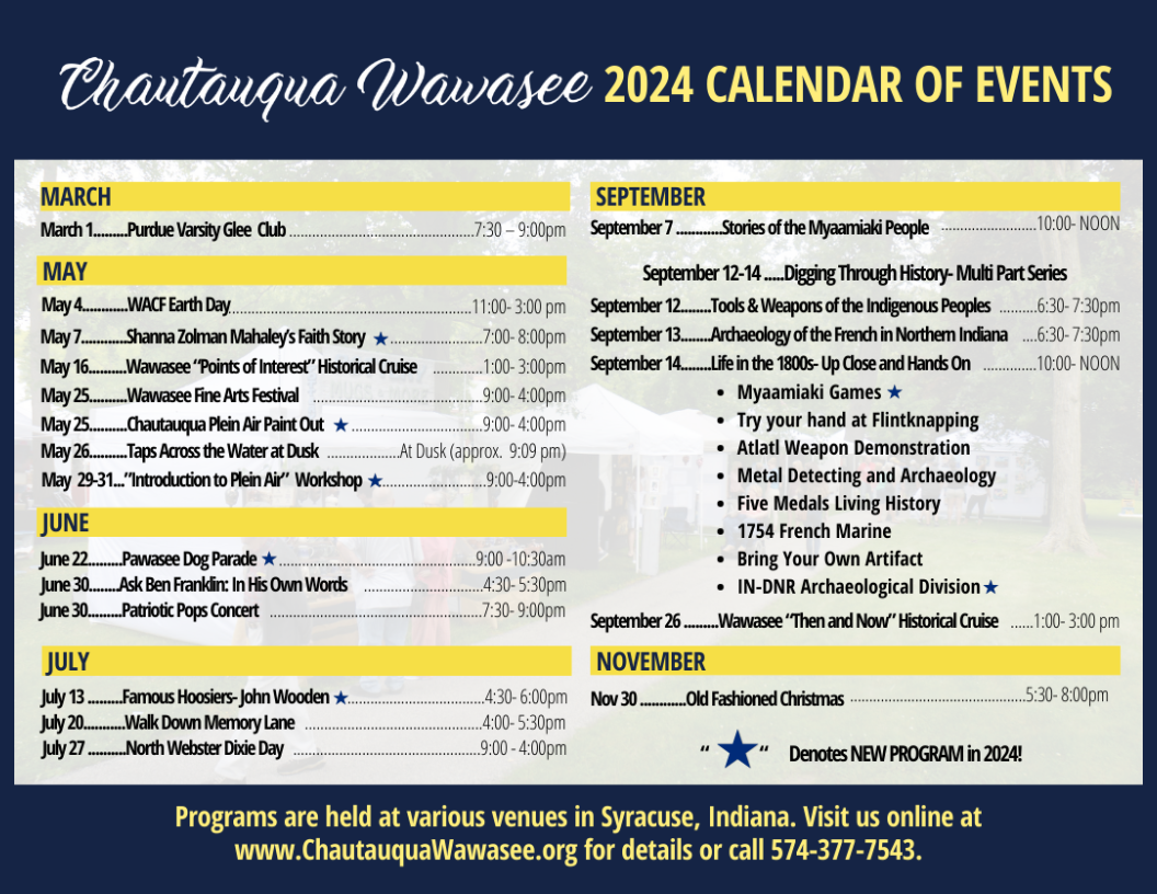 Please Enjoy the 2024 Chautauqua Wawasee Event Calendar! Chautauqua